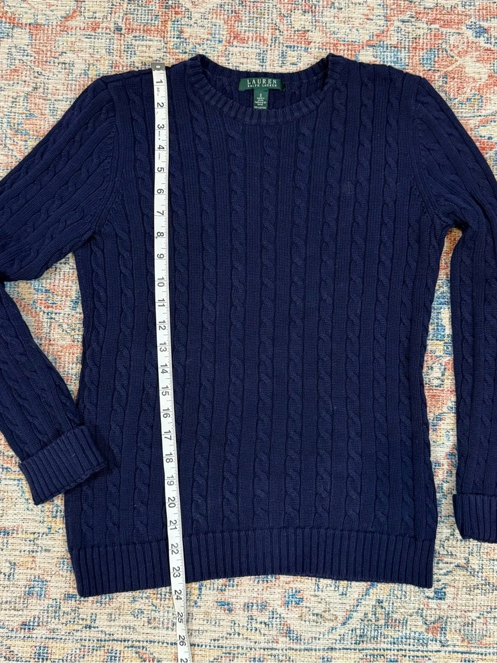 Lauren Ralph Lauren Navy Cable Knit Sweater S 100% Cotton RL Logo Old Money Fall